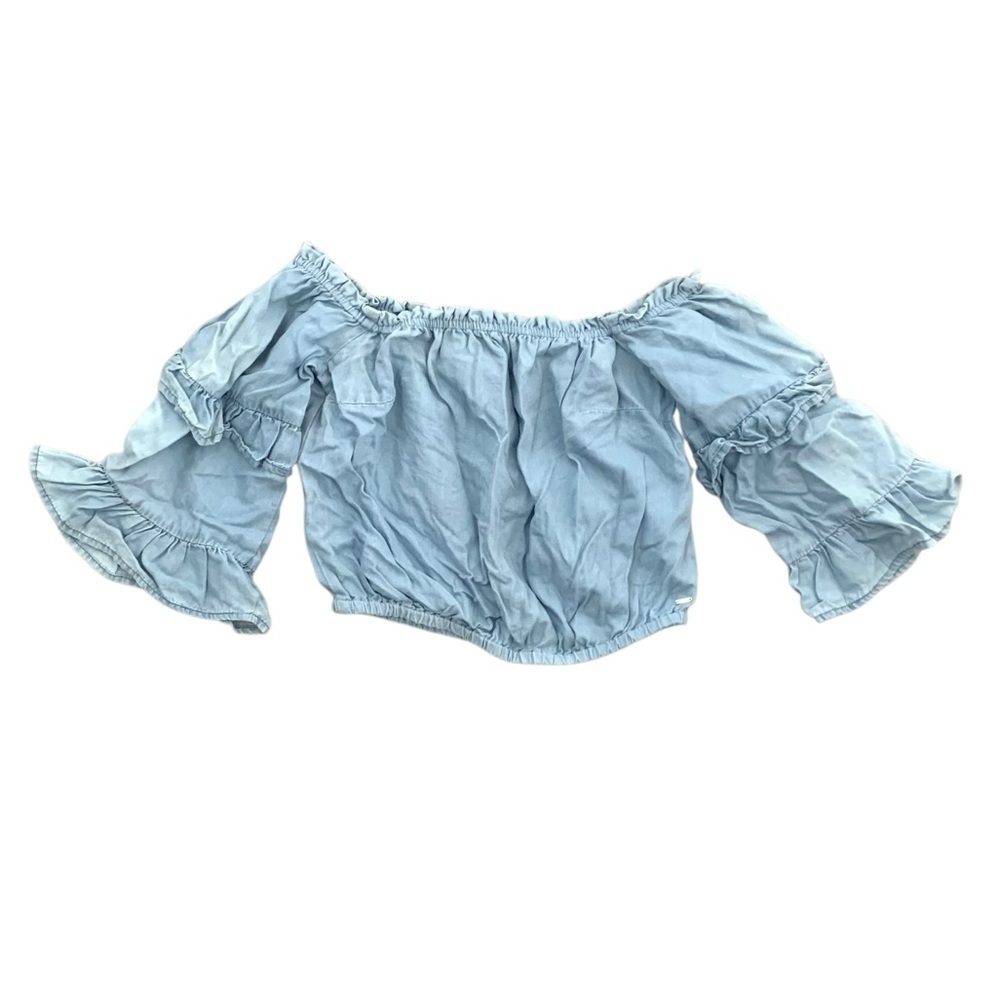Guess SMALL blue puff ruffle milkmaid crop off shoulder cottage renaissance​​